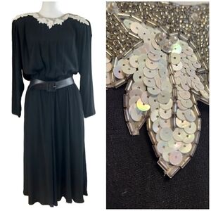 CAROL ANDERSON VINTAGE BLACK DRESS BEADED NECKLINE LONG SLEEVE MIDI SIZE 9/10